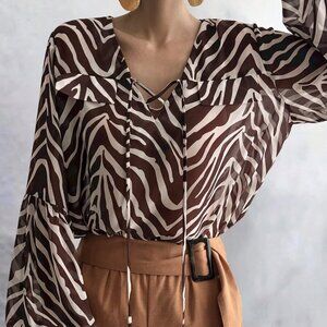 Brown Casual Women's Loose Chiffon Leopard Blouse